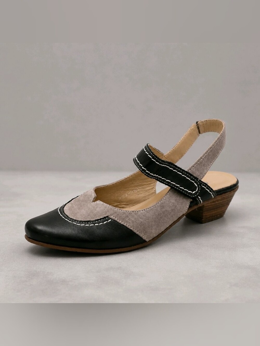 FIDJI Women’s Black Gray Leather Suede Slingback Heels